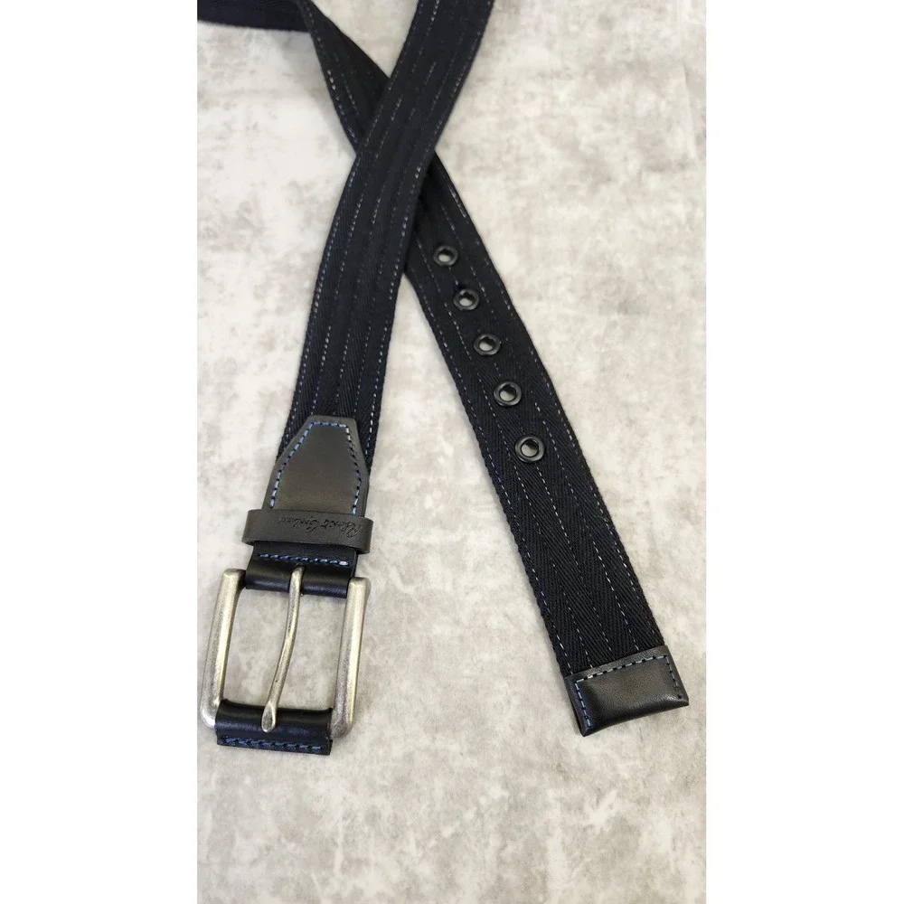 Robert Graham Belt Mens 42 Black  Herringbone Canvas Leather Double Prong Preppy
